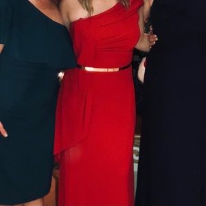 David Meister | red one shoulder gown | metal plate gold belt | size 6